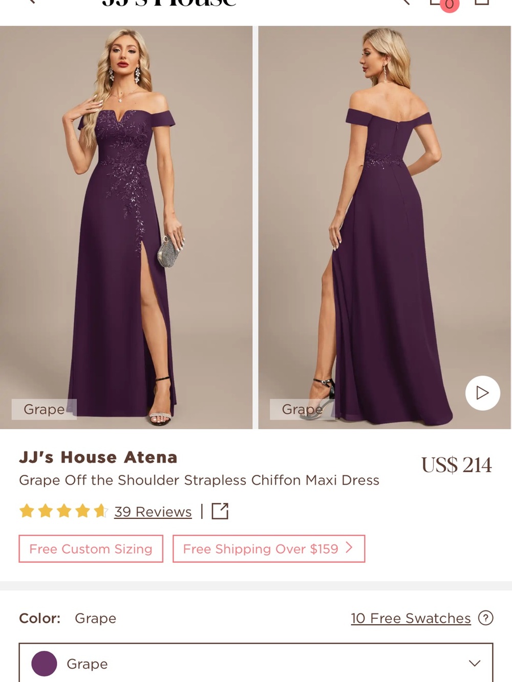 JJs House Grape Off-the-Shoulder Chiffon Evening Gown